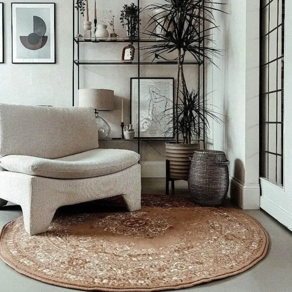Interieur05 rond vloerkleed Keshan cognac/bruin - 160 x 160 cm