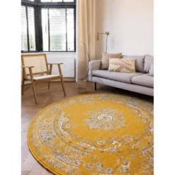 Interieur05 rond vloerkleed Keshan geel - 160 x 160 cm