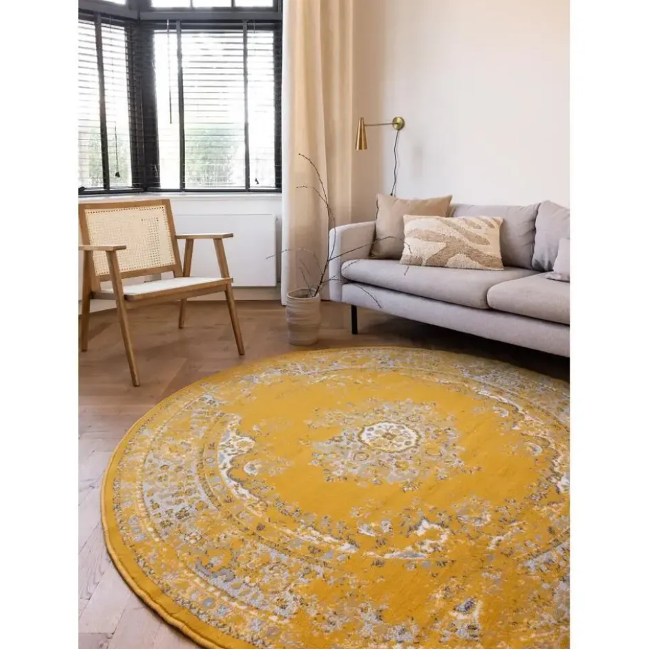Interieur05 rond vloerkleed Keshan geel - 160 x 160 cm