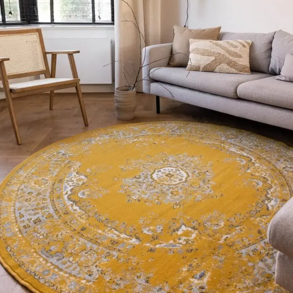 Interieur05 rond vloerkleed Keshan geel - 160 x 160 cm