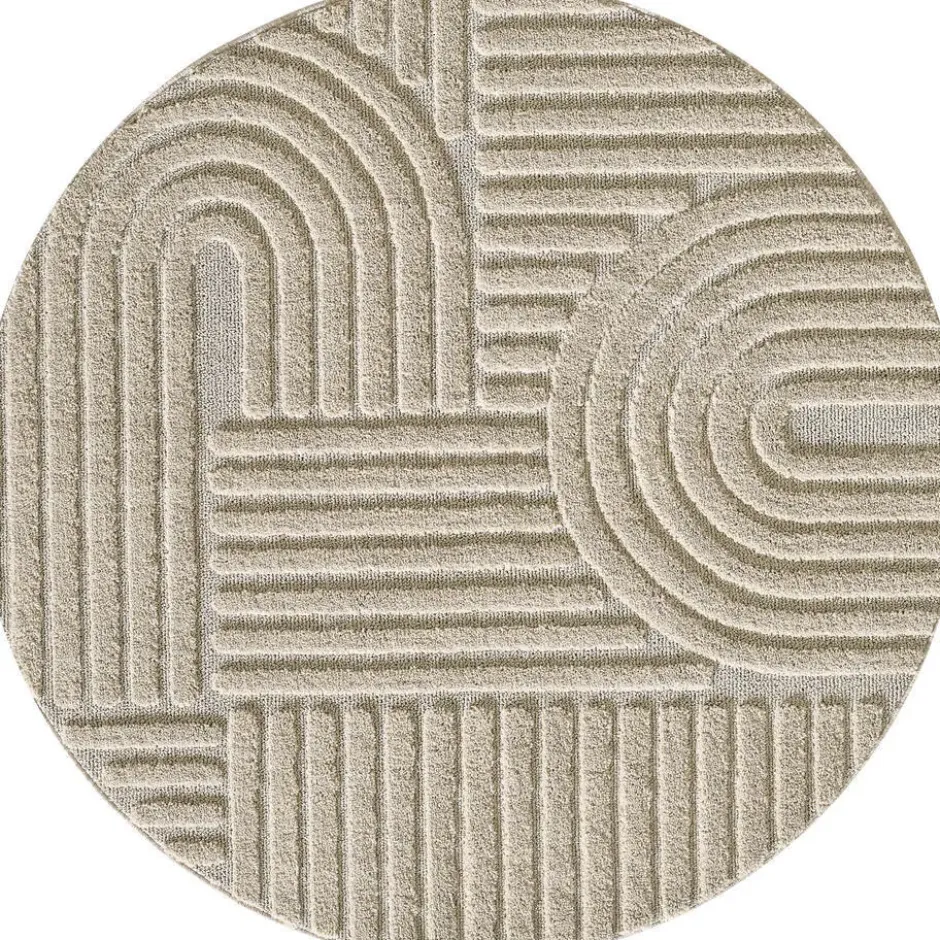 Japandi Art Rond Vloerkleed Laagpolig Effen Beige - 200 CM Ø