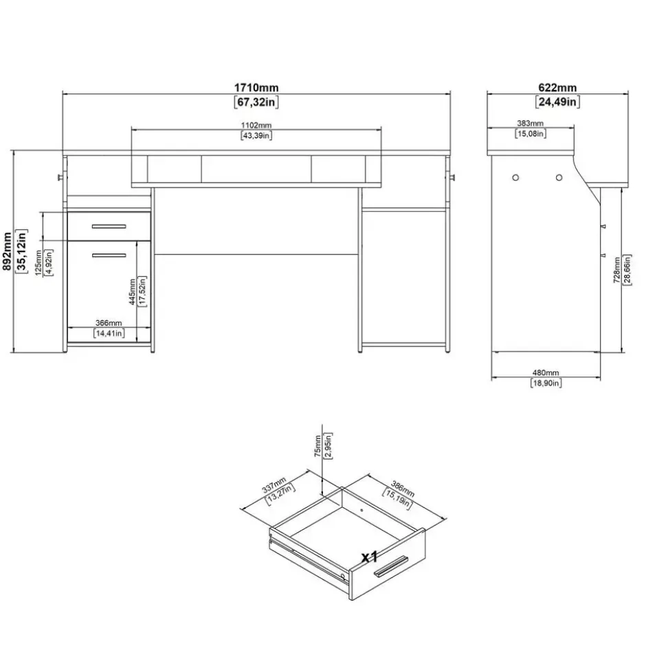 Kantoorbureau Grijs - 171x62x89cm - Function Plus