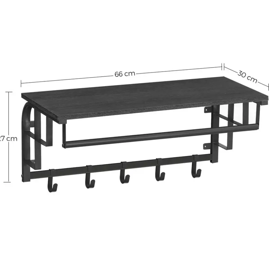 Kapstok met Plank - Hangende Wandkapstok - 66cm - Zwart
