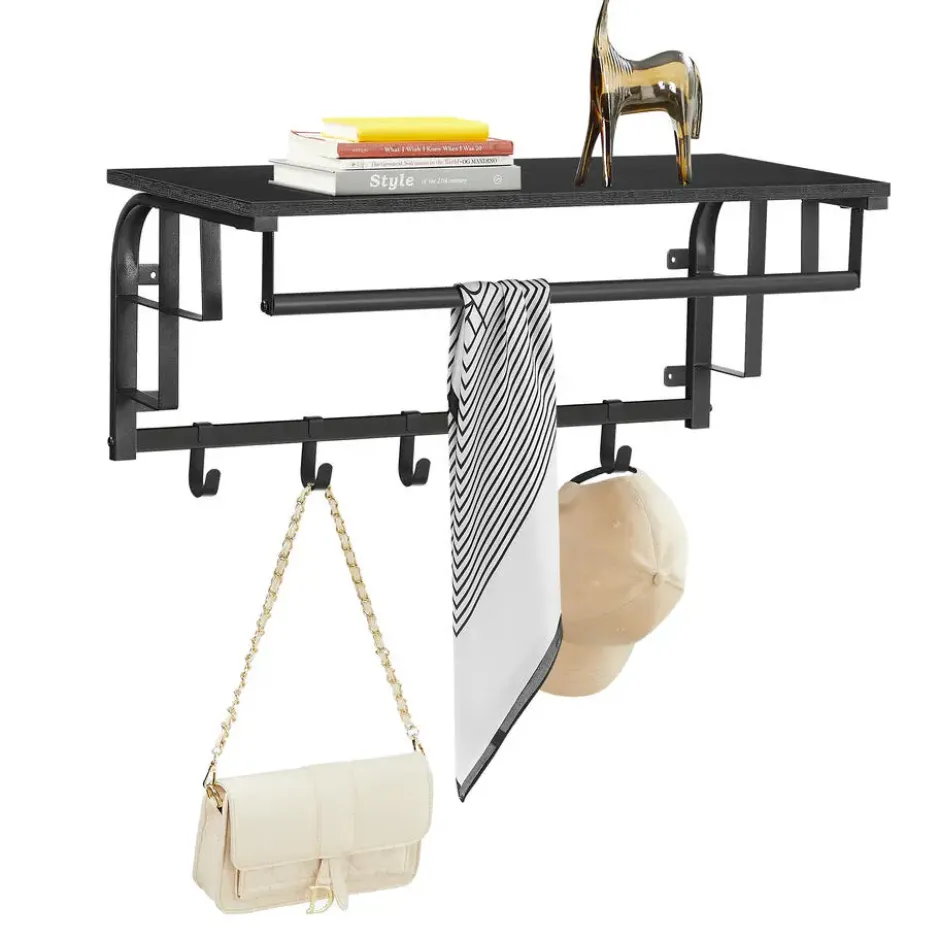 Kapstok met Plank - Hangende Wandkapstok - 66cm - Zwart