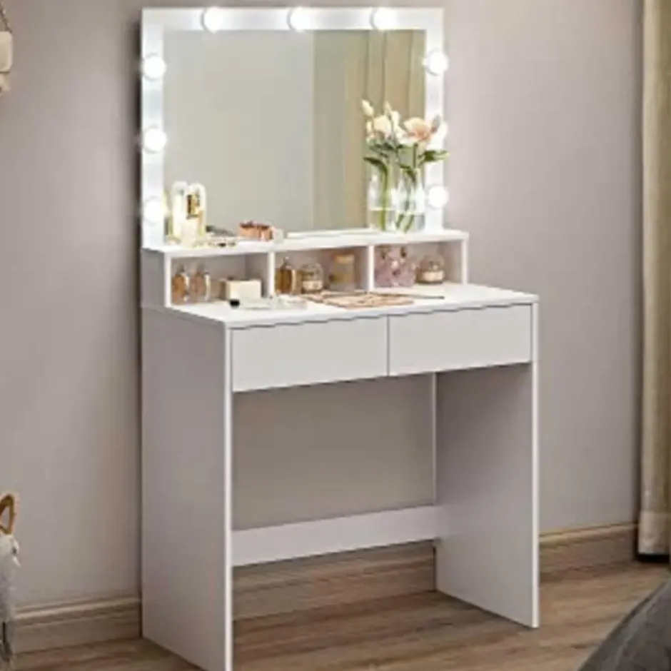 Kaptafel met 9 LED lampen, spiegel, 2 laden, 3 open vakken
