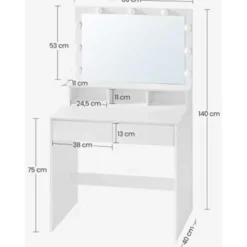 Kaptafel met 9 LED lampen, spiegel, 2 laden, 3 open vakken