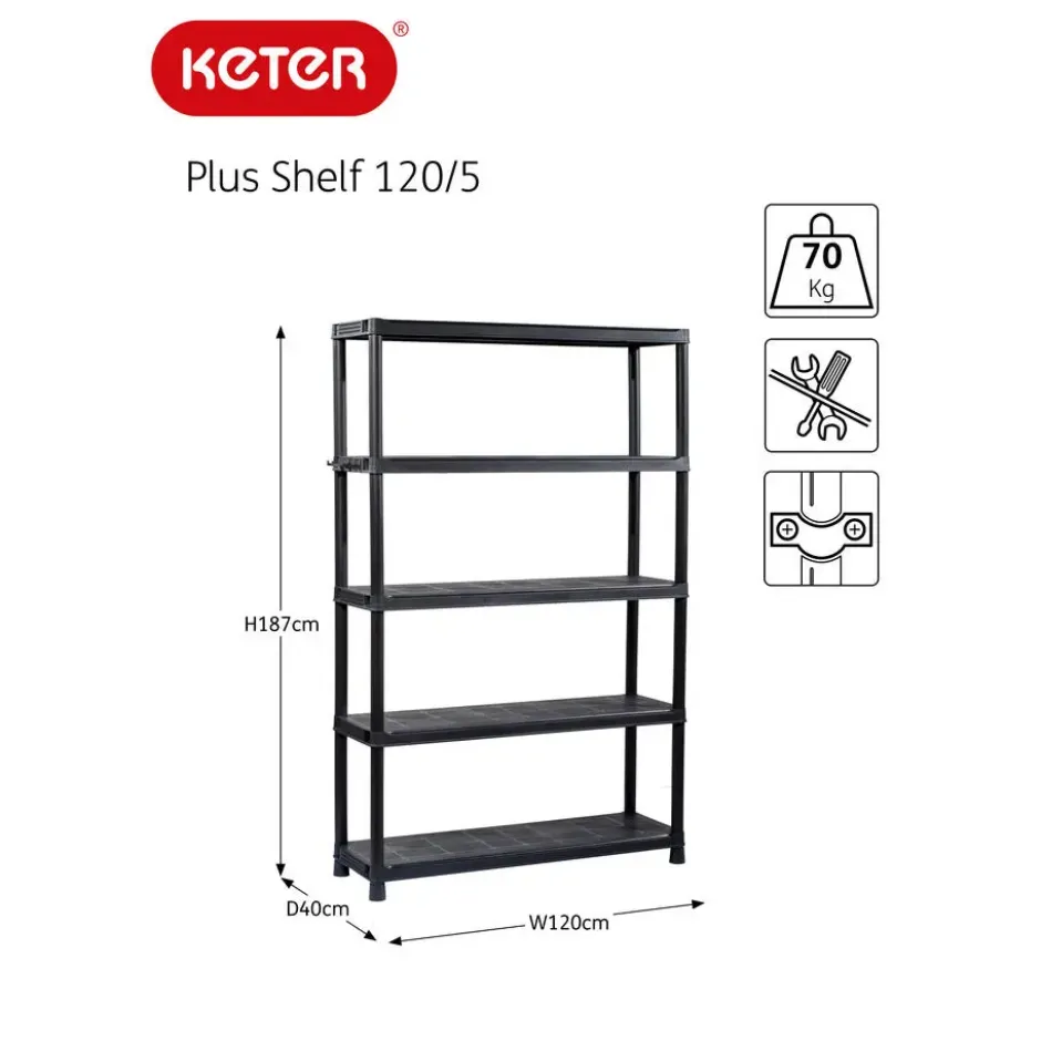 Keter Plus Stellingrek 120/5 - 5 Planken - 120x40x187 cm - zwart