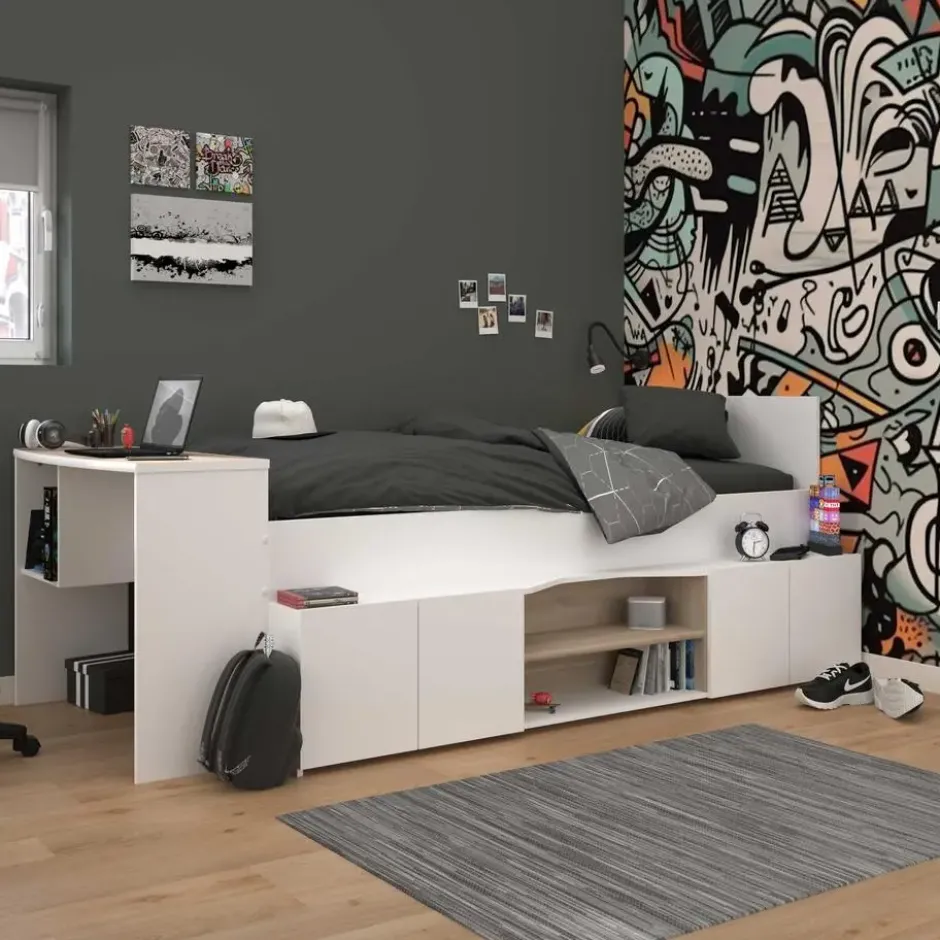 Kinderbed Clio 90x200 met opbergruimte en bureau - wit/eikdecor