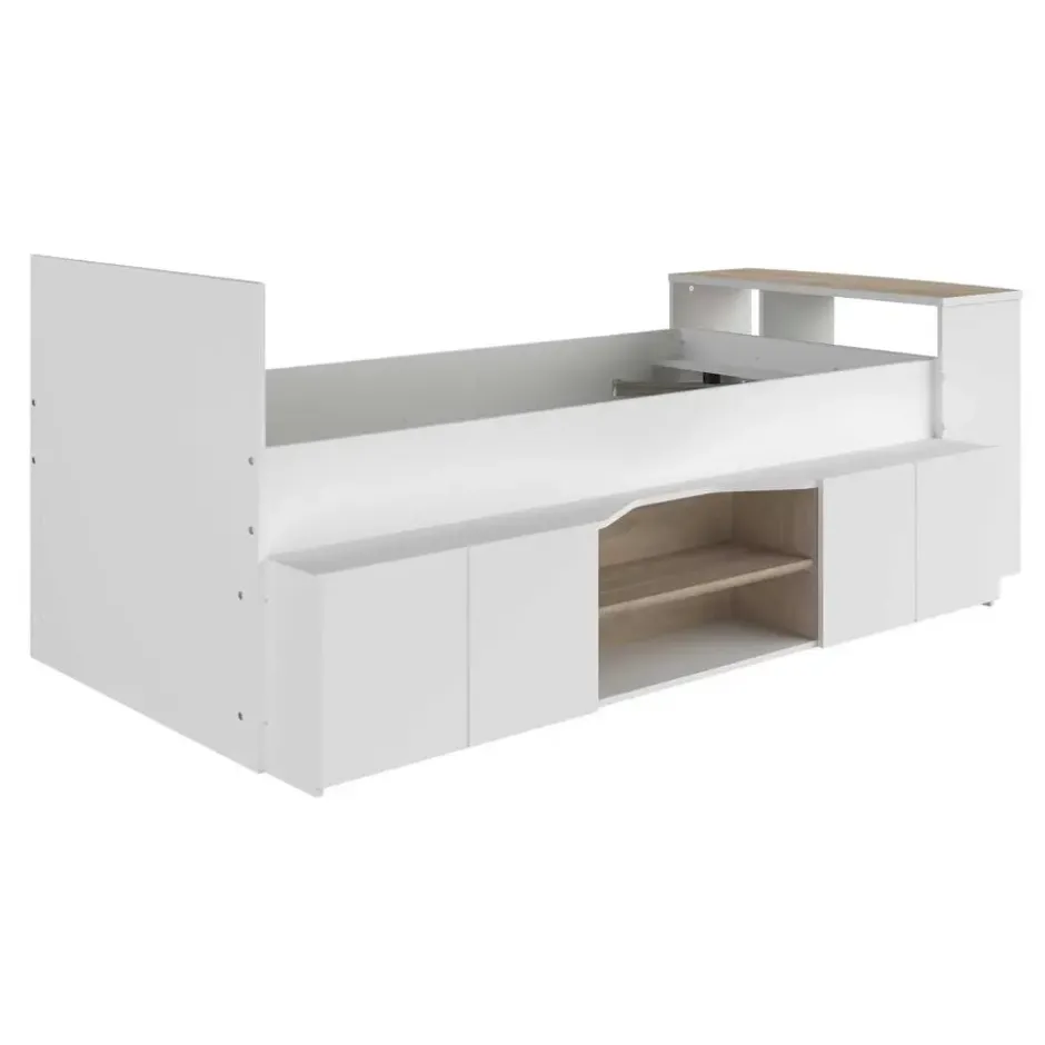Kinderbed Clio 90x200 met opbergruimte en bureau - wit/eikdecor