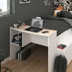 Kinderbed Clio 90x200 met opbergruimte en bureau - wit/eikdecor