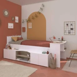 Kinderbed Clio 90x200 met opbergruimte en bureau - wit/eikdecor