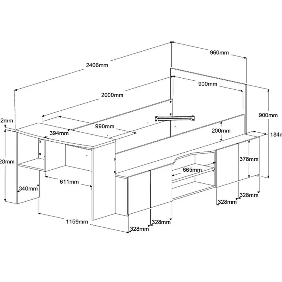 Kinderbed Clio 90x200 met opbergruimte en bureau - wit/eikdecor