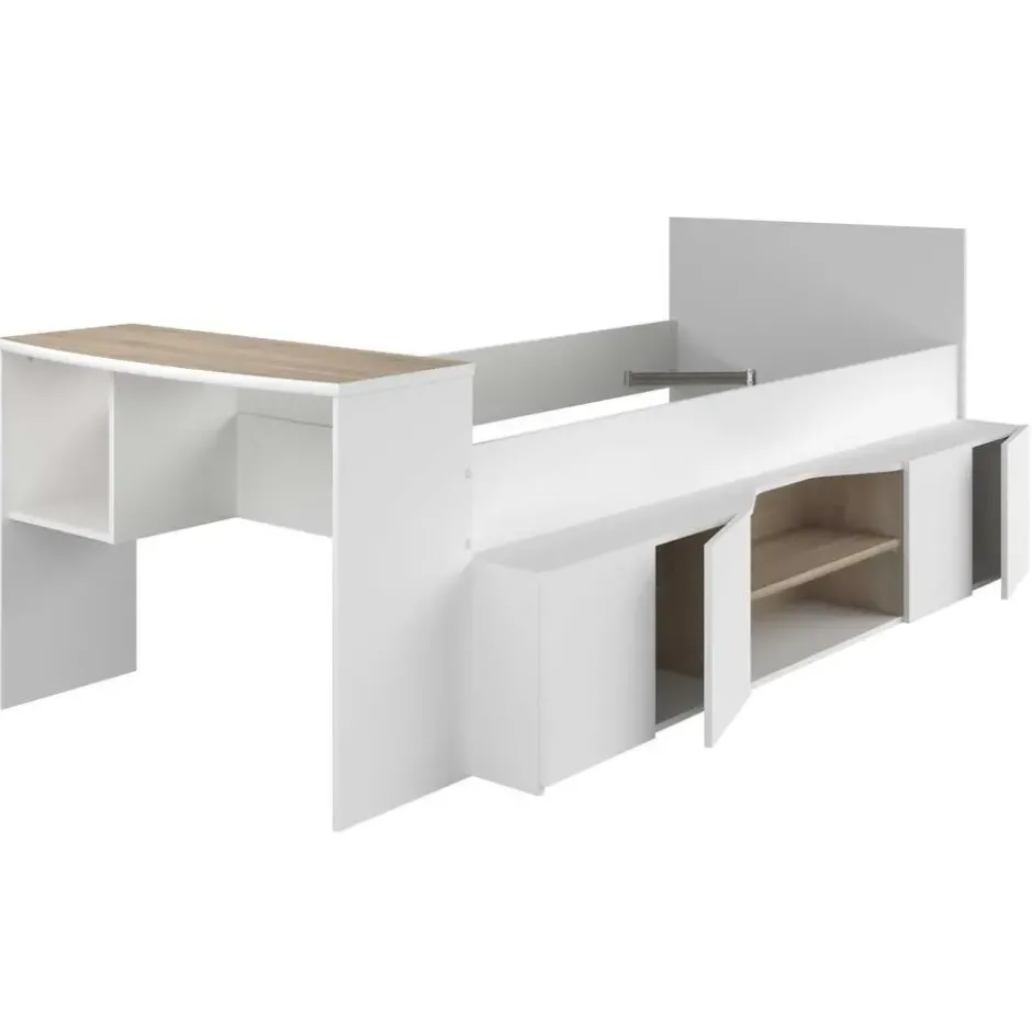 Kinderbed Clio 90x200 met opbergruimte en bureau - wit/eikdecor
