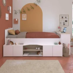 Kinderbed Clio 90x200 met opbergruimte en bureau - wit/eikdecor