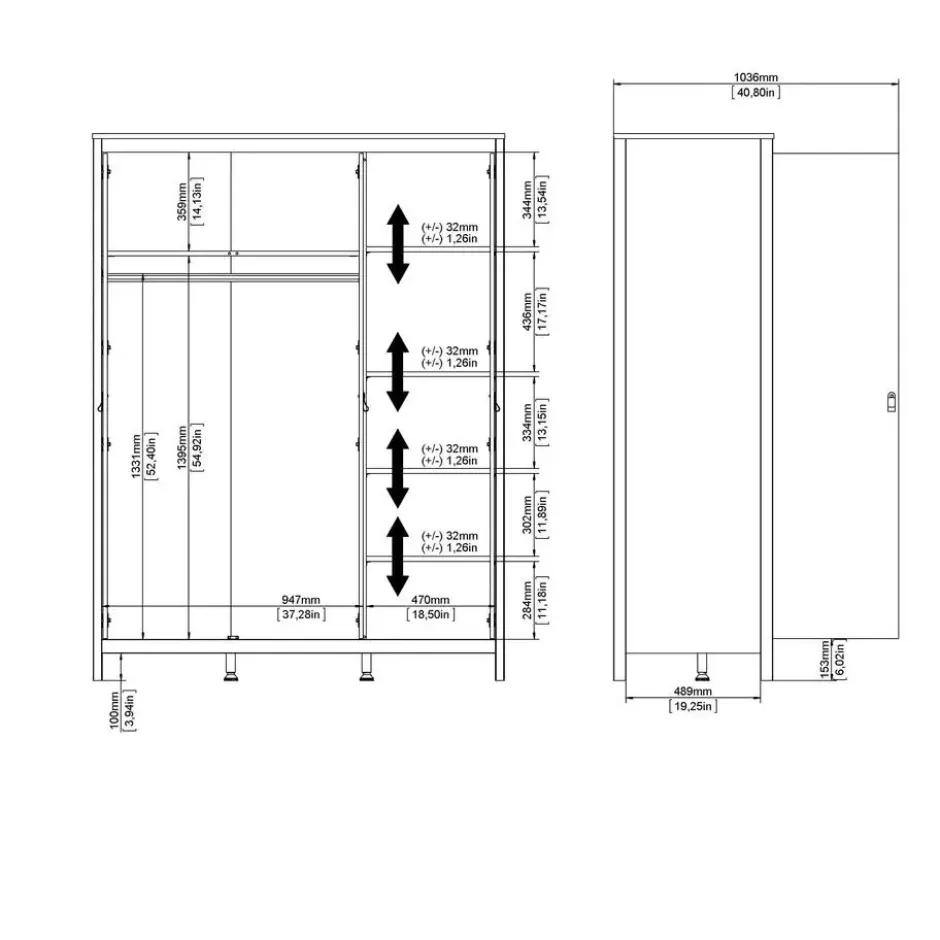 Kledingkast Madeira 3-deurs - wit - 199x150x58 cm