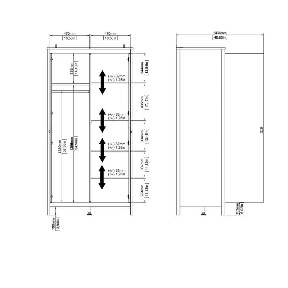 Kledingkast Madeira 2-deurs - wit - 199x102x58 cm