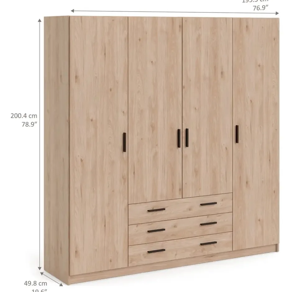 Kledingkast Sprint 4-deurs - eikenkleur - 200x196x50 cm