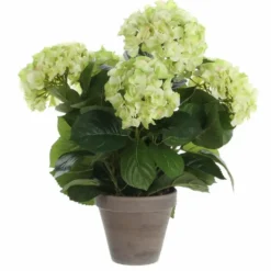 Kunstplant hortensia - lichtgroen - in grijze pot - Hydrangea - 45 cm