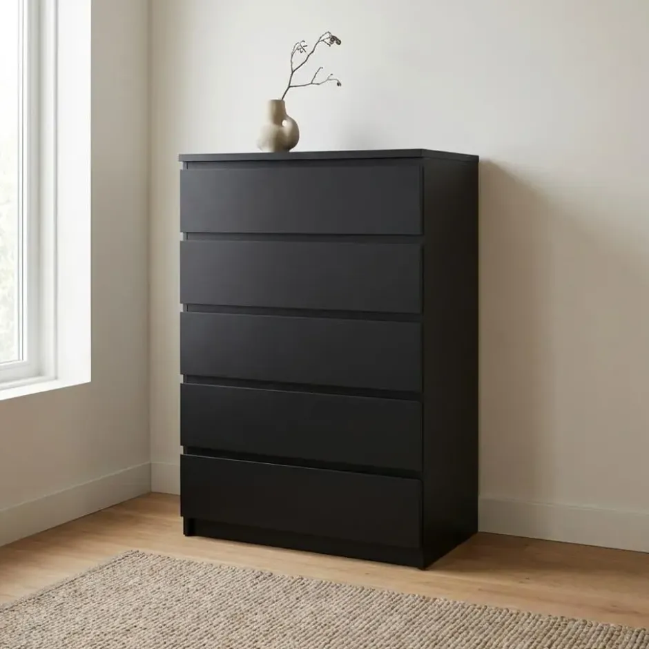 Ladekast - 5 Lades - Mat Zwart Hout - 77x50x111cm - Ylva