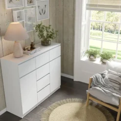 Ladekast Maja wit mat 120 cm – 2 deuren, 6 lades, modern design