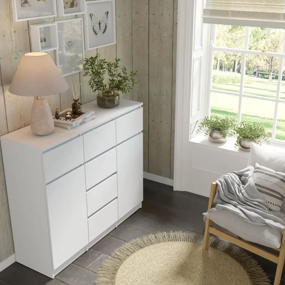 Ladekast Maja wit mat 120 cm – 2 deuren, 6 lades, modern design