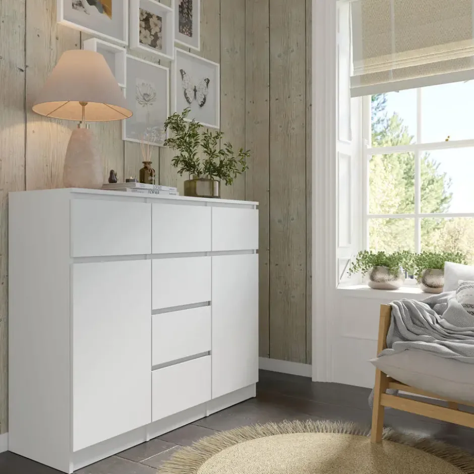 Ladekast Maja wit mat 120 cm – 2 deuren, 6 lades, modern design