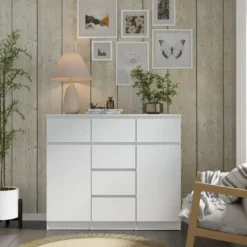 Ladekast Maja wit mat 120 cm – 2 deuren, 6 lades, modern design