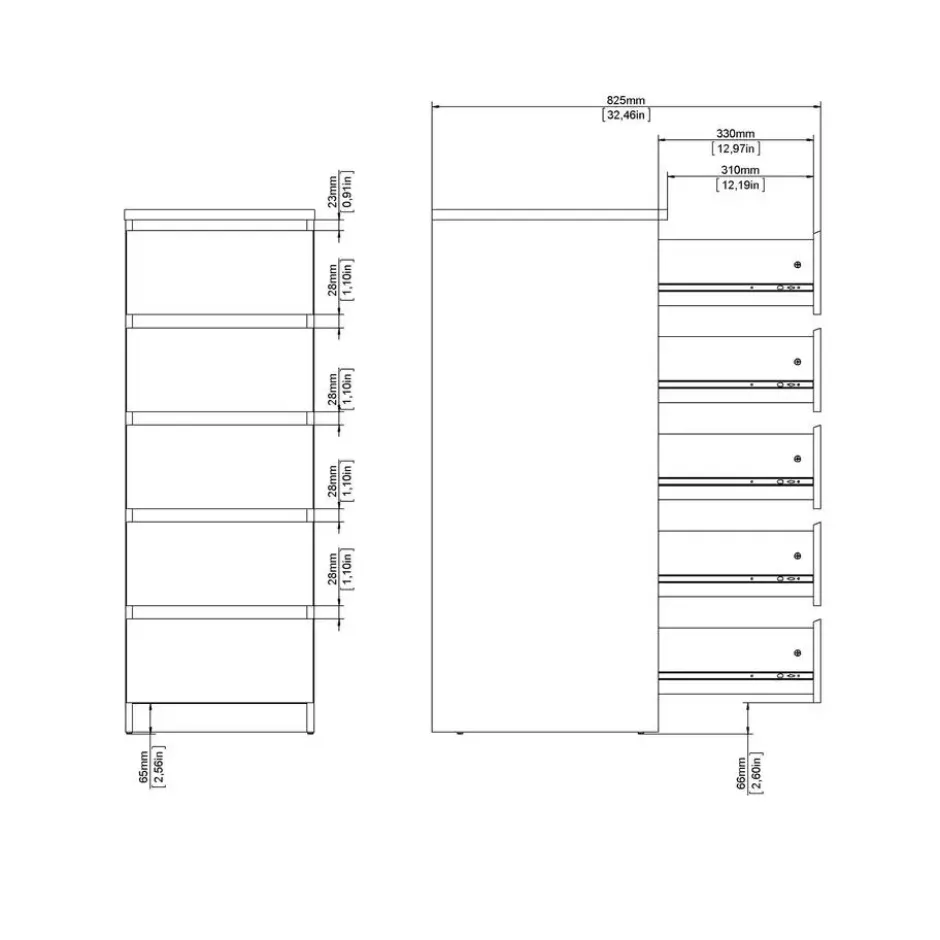 Ladekast Naia hoog 5 lades - hoogglans wit - 111,3x40,2x50 cm