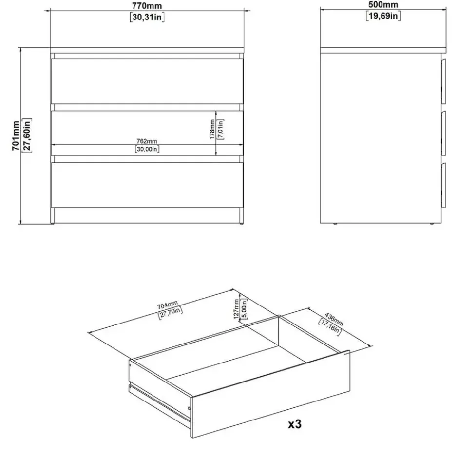 Ladekast Naia 3 lades - eikenkleur - 70,1x77x50 cm