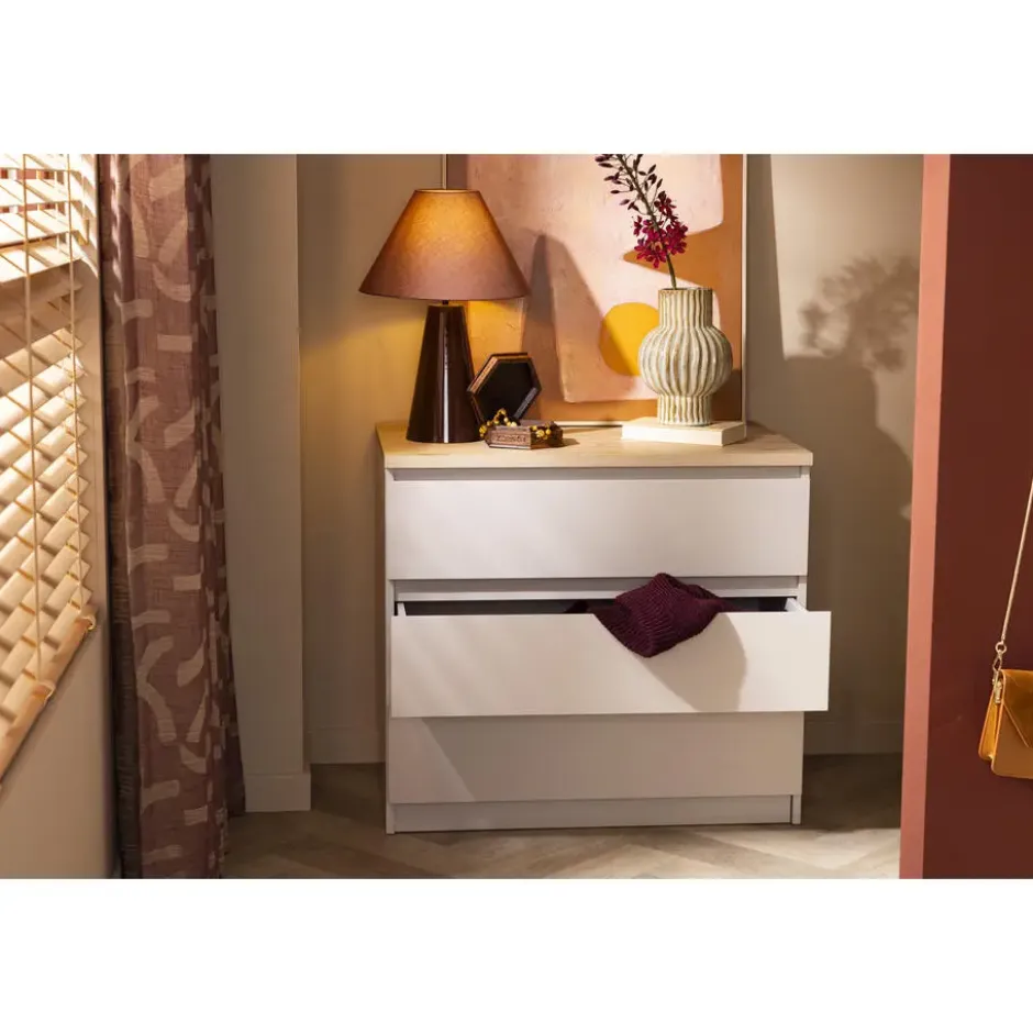 Ladekast Naia 3 lades - greige/eiken - 70,1x77x50 cm