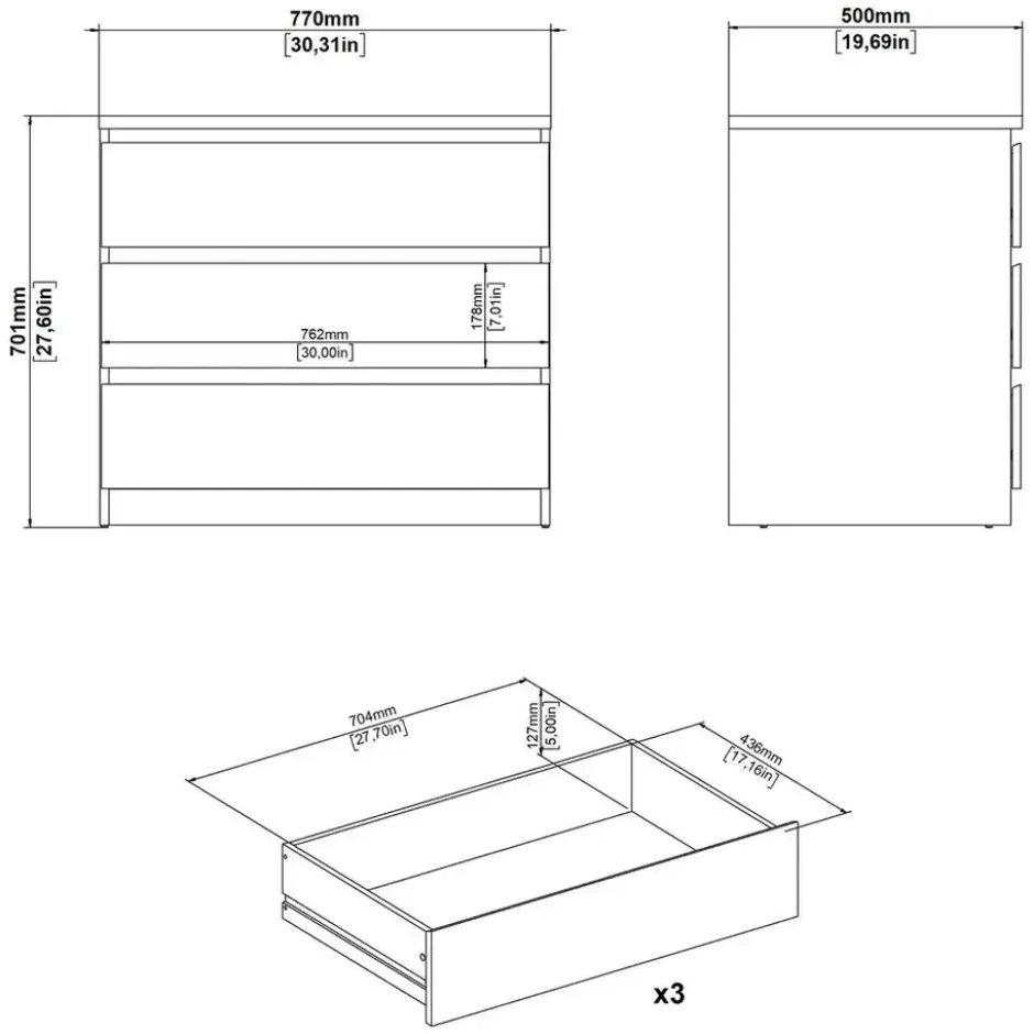 Ladekast Naia 3 lades - greige/eiken - 70,1x77x50 cm