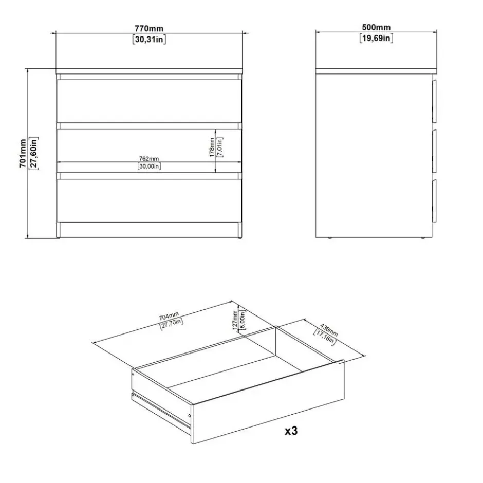 Ladekast Naia 3 lades - hoogglans wit - 70,1x76,8x50 cm