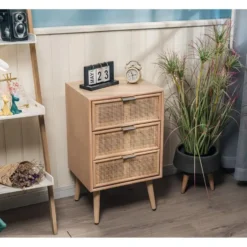 Ladenkastje met 3 lades van hout en natuurlijk rotan