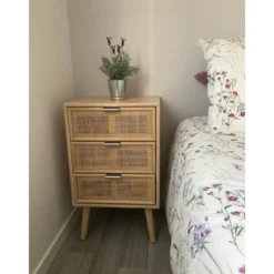 Ladenkastje met 3 lades van hout en natuurlijk rotan