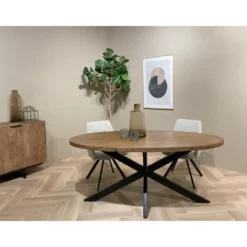 Livingfurn - Eetkamertafel Rocky Oval 160 cm - Mangohout / Gecoat Staal