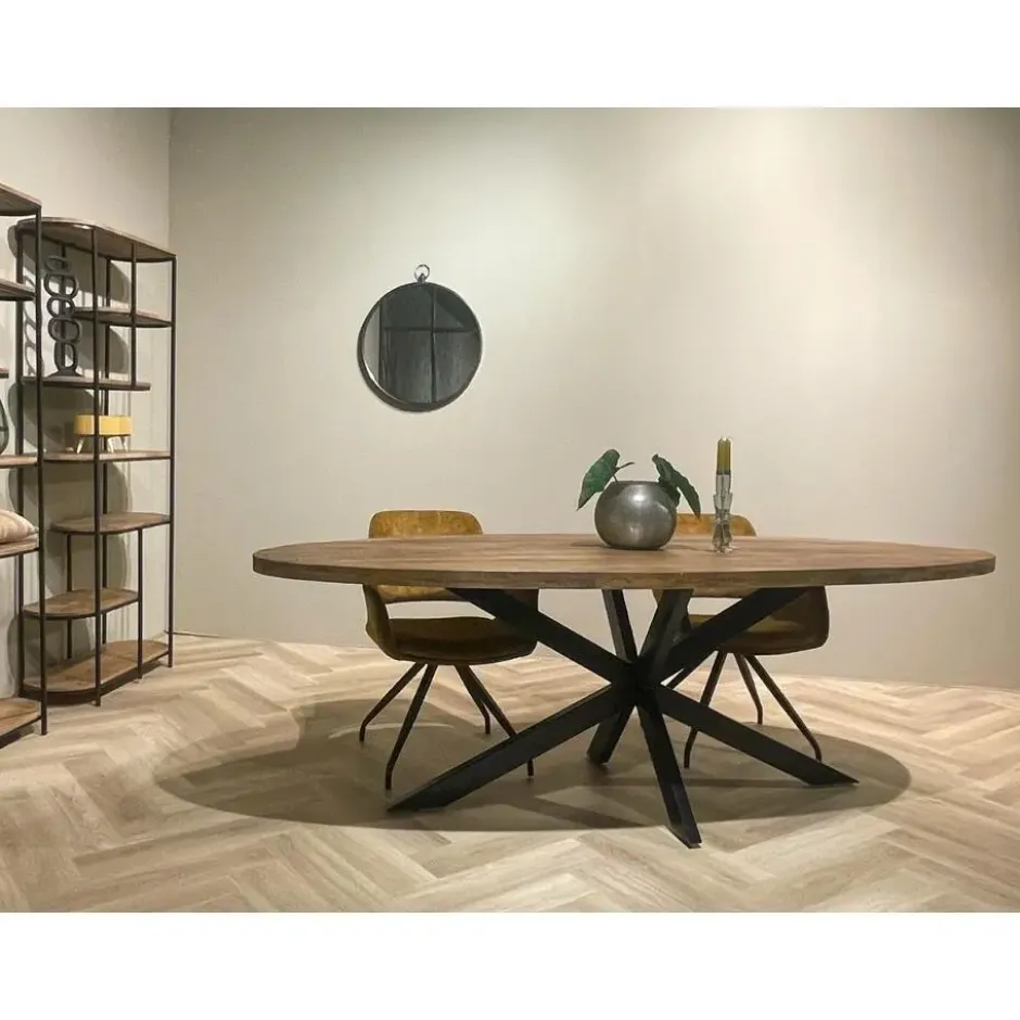 Livingfurn - Eetkamertafel Rocky Oval 160 cm - Mangohout / Gecoat Staal