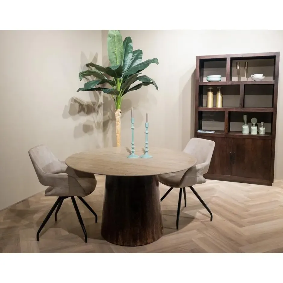 Livingfurn - Eetkamertafel Valentino Round 130cm - Mangohout / Travertin