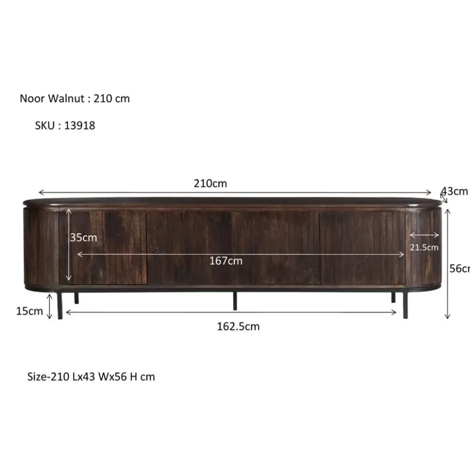 Livingfurn - TV Meubel Noor Walnut 210cm - Mangohout / Gecoat Staal