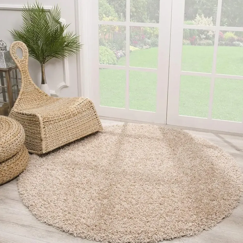 Loca Shaggy Rond Vloerkleed Hoogpolig Beige - 150 CM Ø