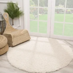 Loca Shaggy Rond Vloerkleed Hoogpolig Creme - 120 CM Ø