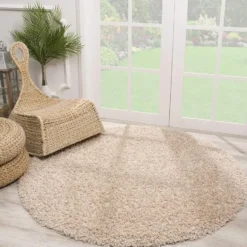 Loca Shaggy Rond Vloerkleed Hoogpolig Beige - 200 CM Ø