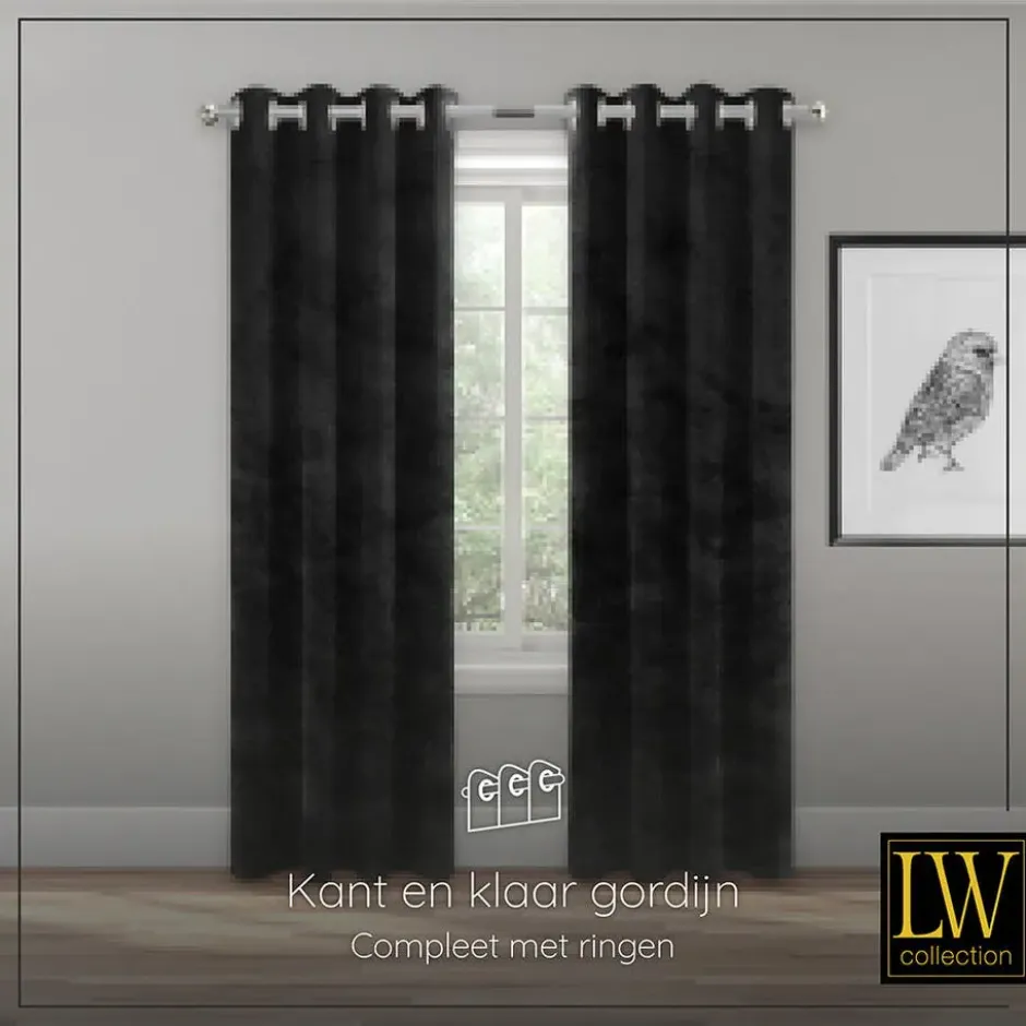 LW Collection Gordijnen Zwart 270x290cm Velvet Kant en klaar 1 stuk