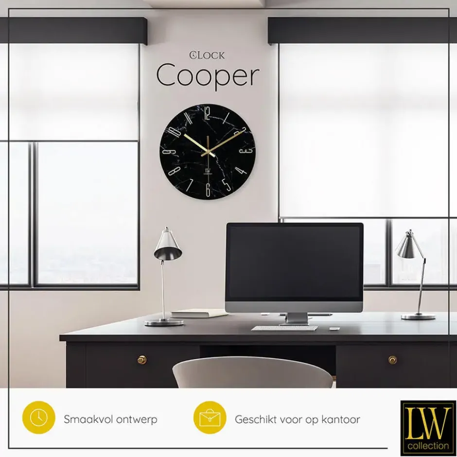 LW Collection Keukenklok Cooper zwart marmer 30cm