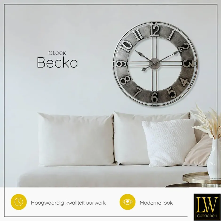 LW Collection Wandklok Becka grijs zilver 80cm