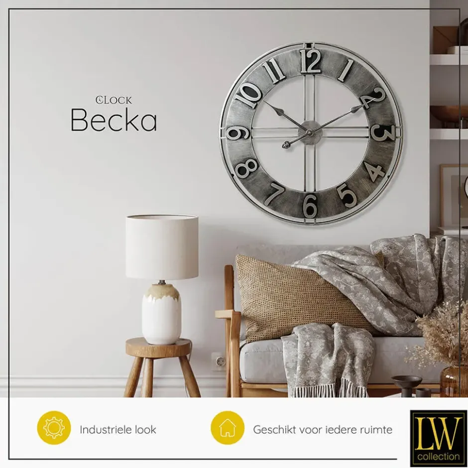 LW Collection Wandklok Becka grijs zilver 80cm