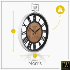 LW Collection Wandklok Morris zwart hout en zilver 60cm