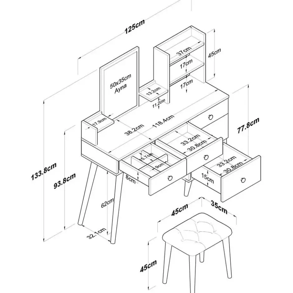 Make-up Tafel - 112cm - Incl. Kruk - Bulon