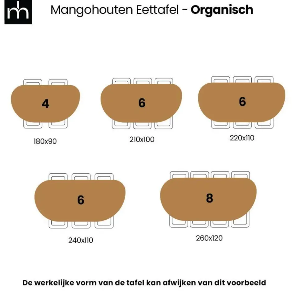 Mangohoutonline - Eettafel Organisch Alessia 240x110cm - Bruin - Mahom