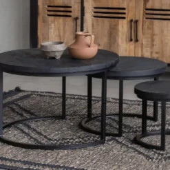 Mangohoutonline - Salontafels Sienna Set Van 3 Rond - Zwart - Mahom