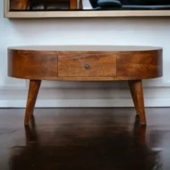 Massief Hout Chestnut Afgeronde Salontafel, 2 Lades, Donkerbruin
